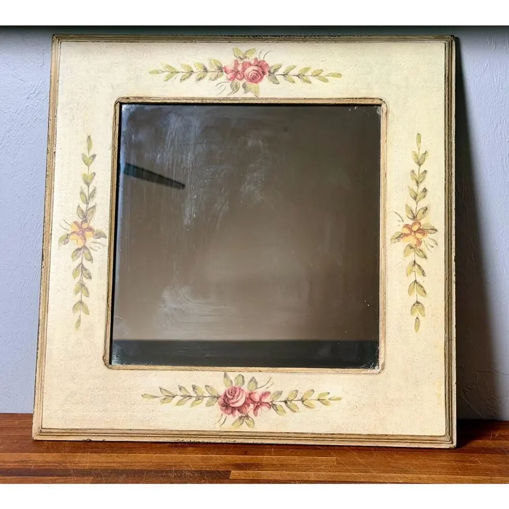 Vintage Hand-Painted Rose Floral Mirror, Cottagecore Shabby Chic Wall Decor